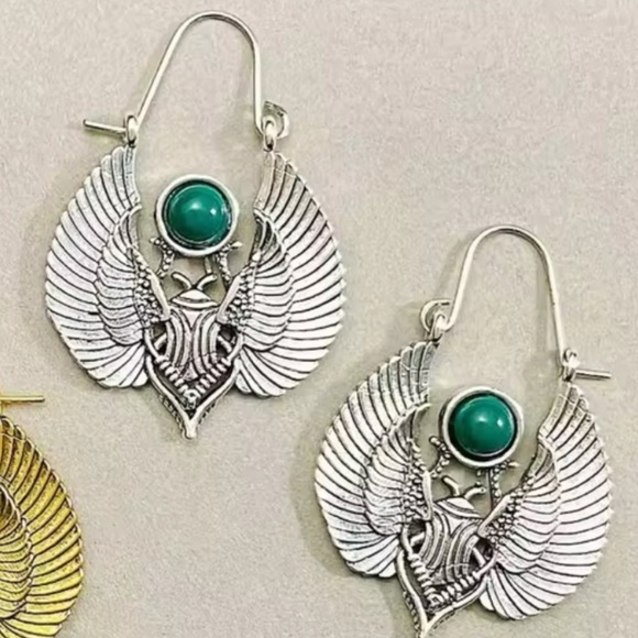 Anthropologie Jewelry - Vintage Egyptian Sacred Wings & Moth Antique Silver Dangle Earrings